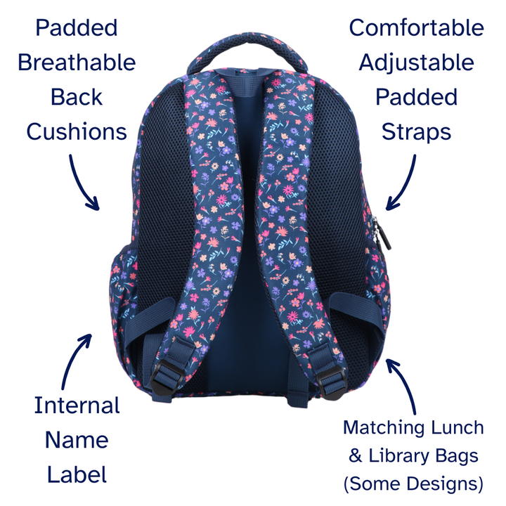Ditsy Flowers Navy Midsize Kids Backpack close-up print high-quality fabric waterproof midsize kids backpack