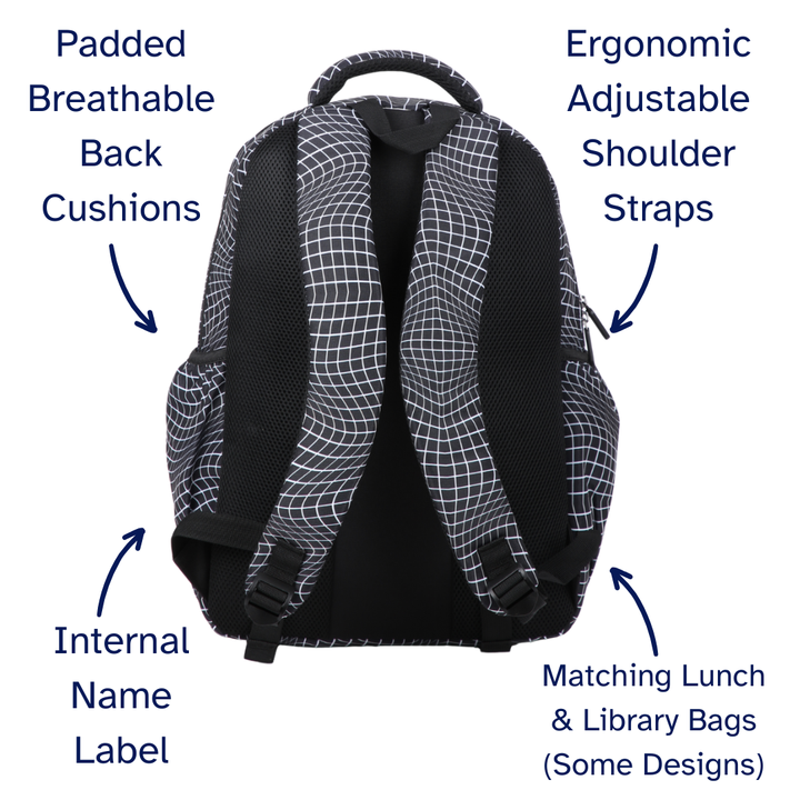 Black Grid Wave Large School Backpack