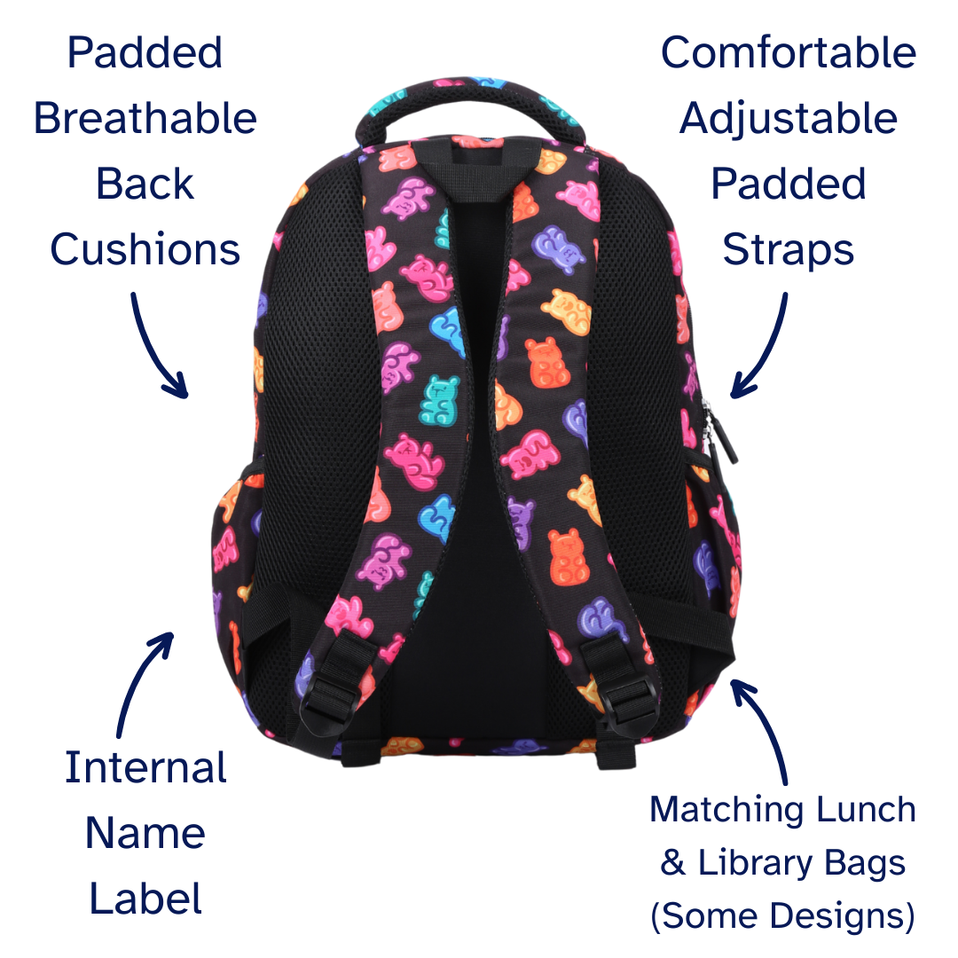 Backpack with colourful gummy bear pattern and text highlighting durable YKK zips and reinforced handle, waterproof kids backpack