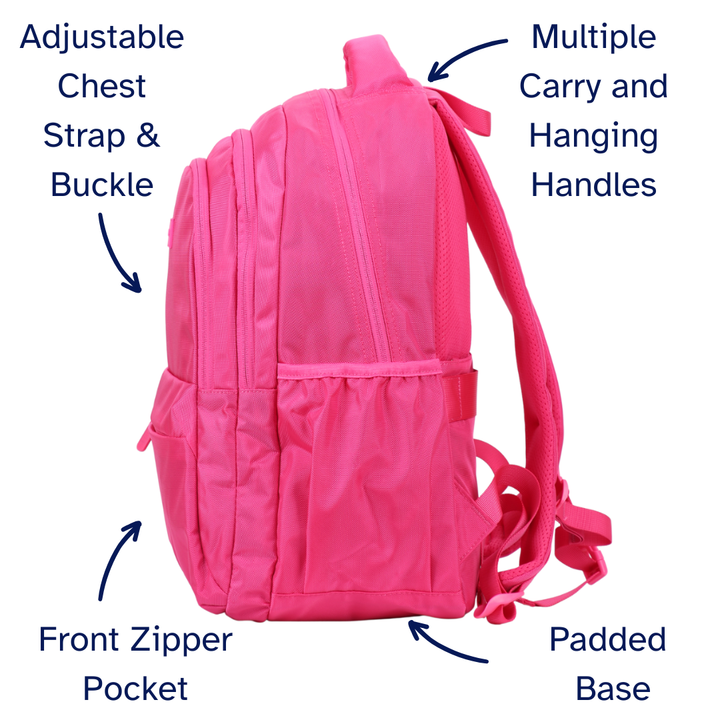 Pink backpack with labeled features on a white background