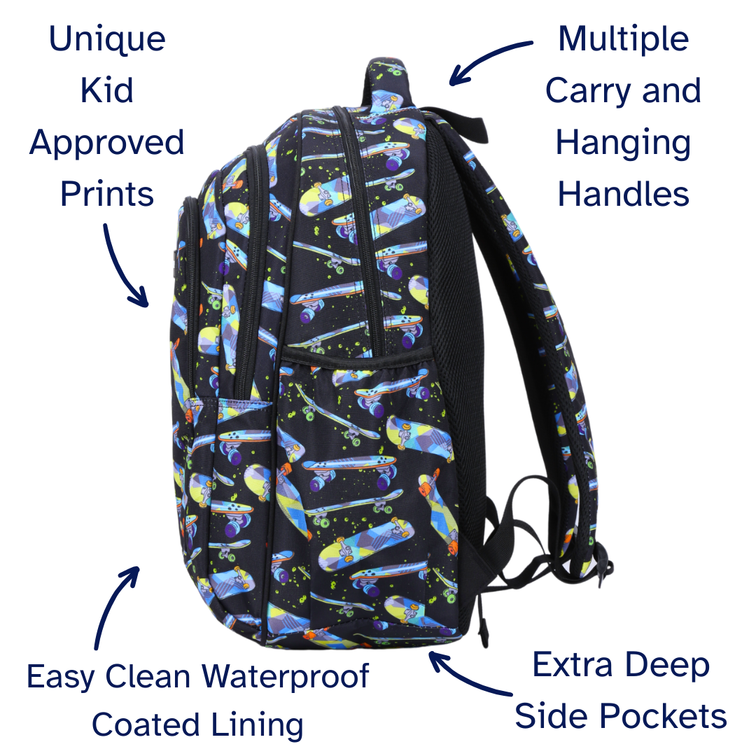 Black backpack with colorful skateboard design and text highlighting features on a white background