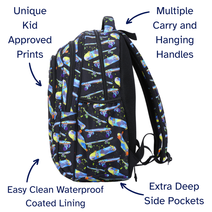 Black backpack with colorful skateboard design and text highlighting features on a white background