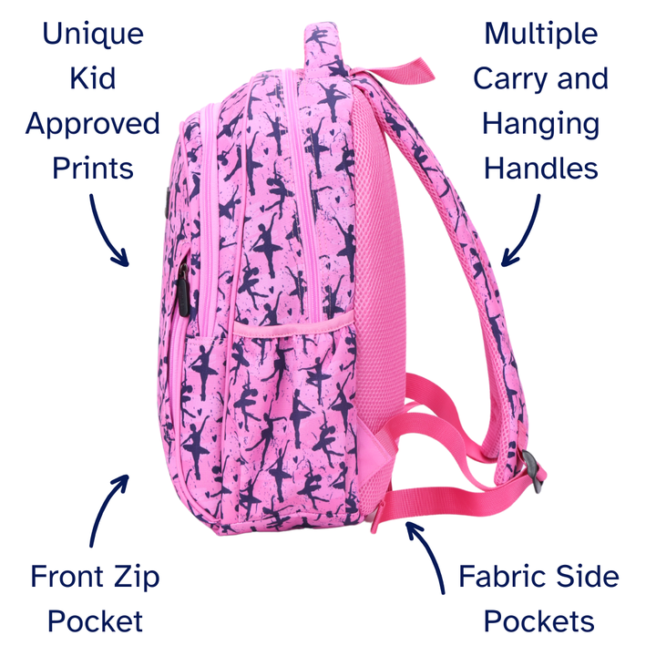 Pink backpack with ballet dancer prints, multiple carry handles, front zip pocket, and fabric side pockets on a white background.