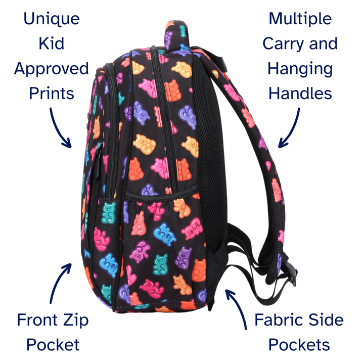 Backpack with colorful bear pattern, multiple carry handles, front zip pocket, and fabric side pockets on a white background.
