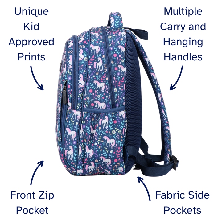 Unicorn Midsize Kids Backpack detail shot durable YKK zips and reinforced handle, waterproof kids backpack
