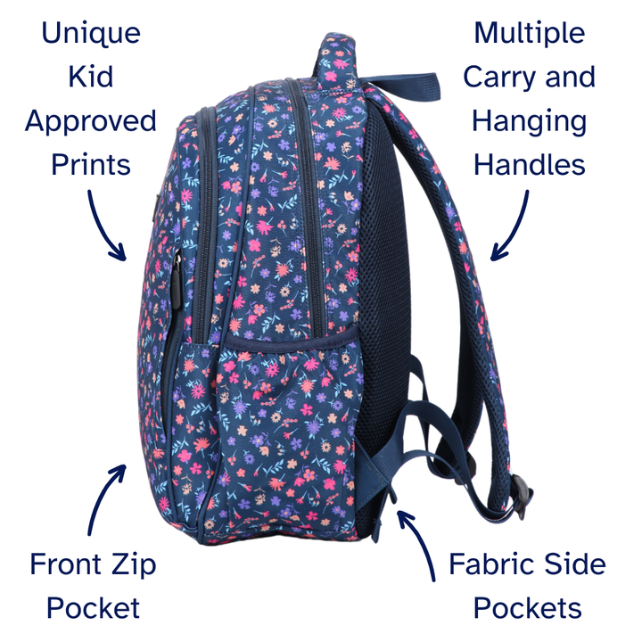 Ditsy Flowers Navy Midsize Kids Backpack detail shot durable YKK zips and reinforced handle, waterproof kids backpack
