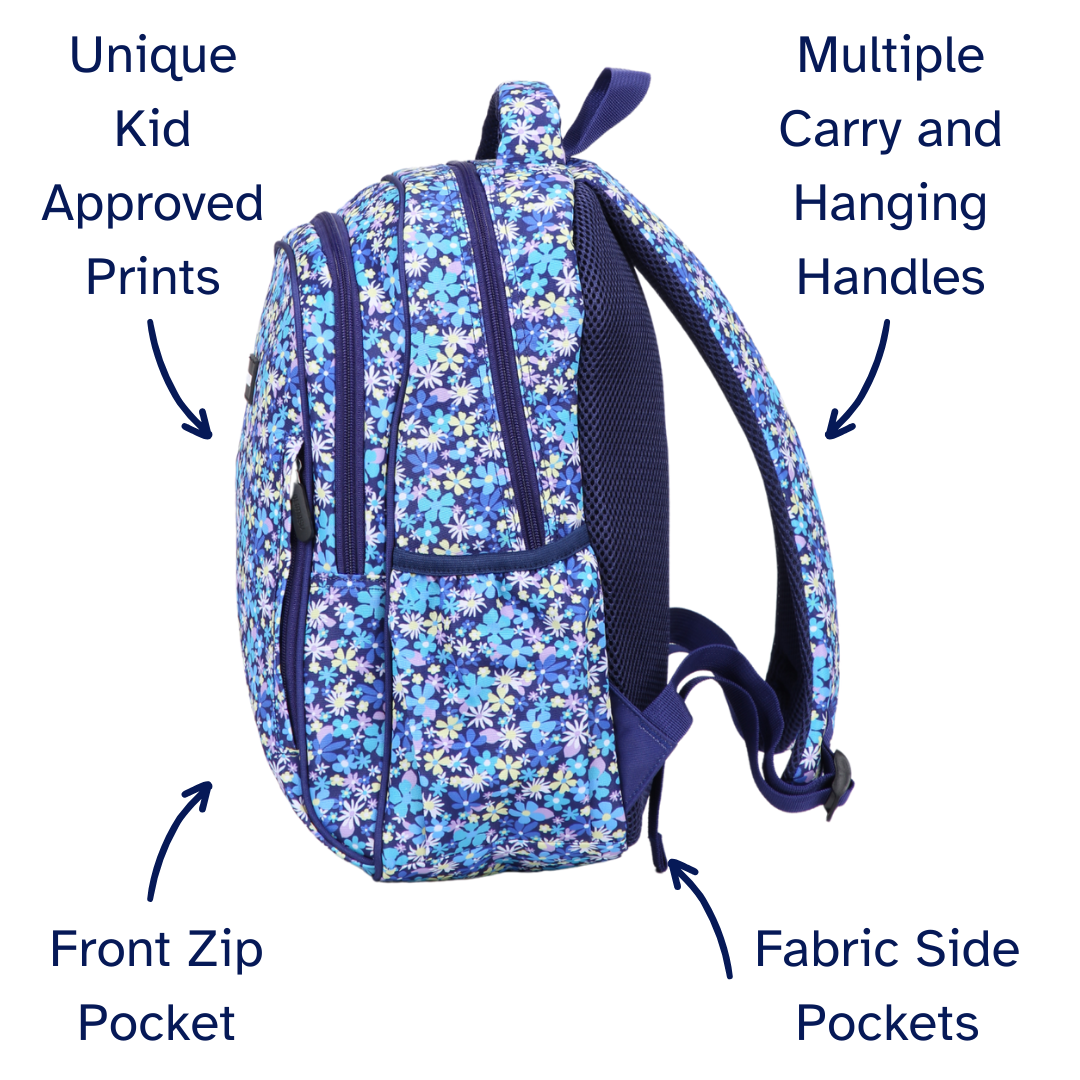 Ditsy Daisy Midsize Kids Backpack detail shot durable YKK zips and reinforced handle, waterproof kids backpack