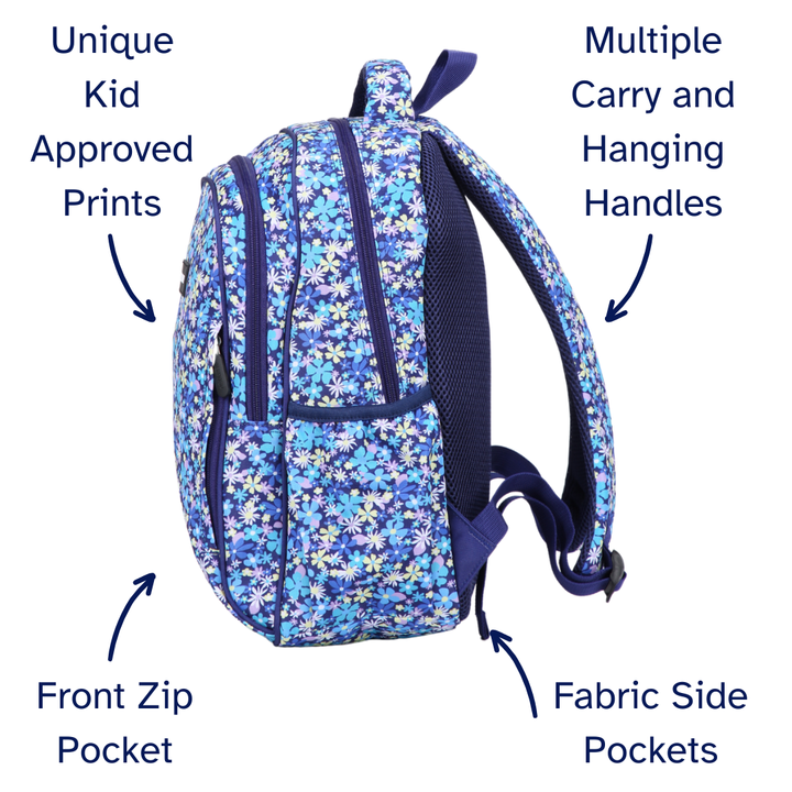 Ditsy Daisy Midsize Kids Backpack detail shot durable YKK zips and reinforced handle, waterproof kids backpack