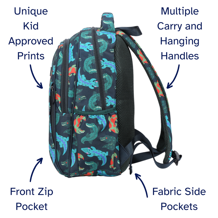 Backpack with colorful crocodile pattern, multiple carry handles, front zip pocket, and fabric side pockets on a white background.
