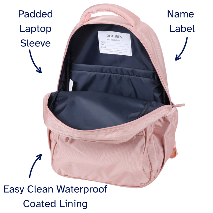 Pink backpack with labeled features on a white background
