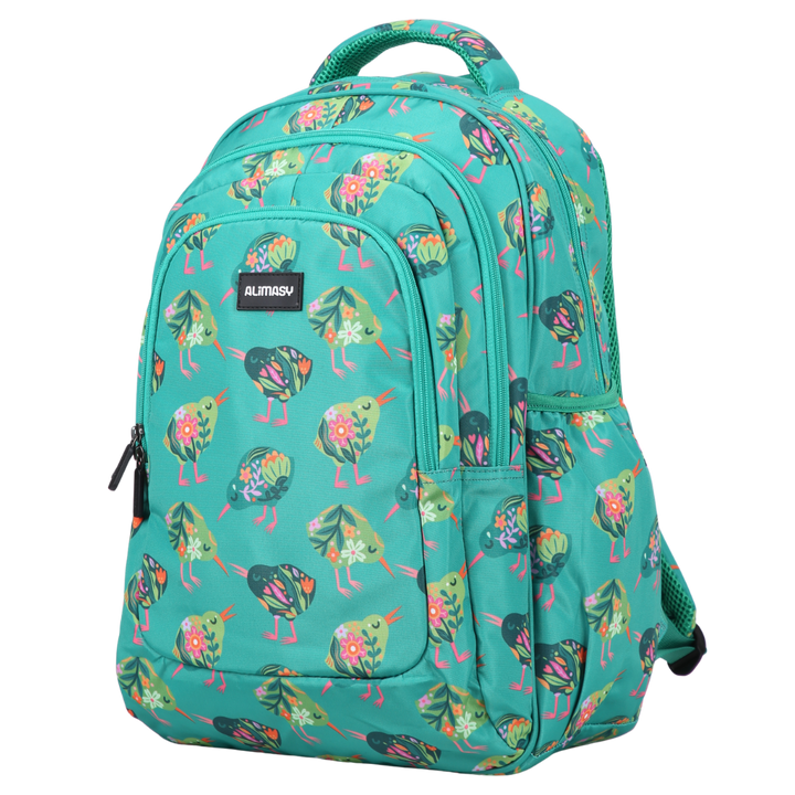 Teal backpack with colorful bird pattern on a white background