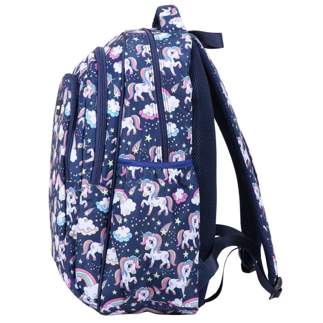 Backpack with unicorn and rainbow pattern on a navy background