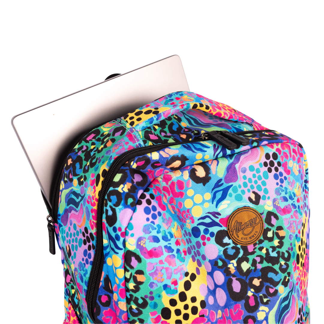 alimasy electric leopard laptop backpack for women with laptop sticking out of the pocket