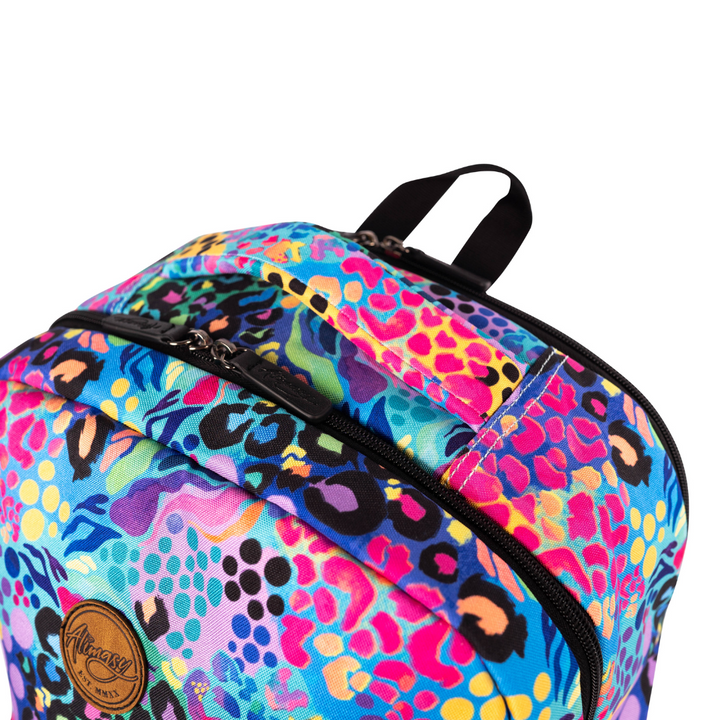 outside of alimasy leopard print laptop backpack with zipped pockets and handle