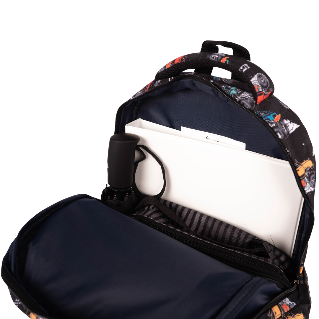 inside view of alimasy monster truck backpack with a4 folder, lunchbox and umbrella