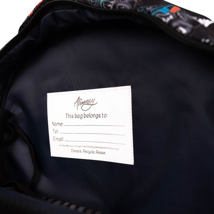 inside view of alimasy kids backpack with name label