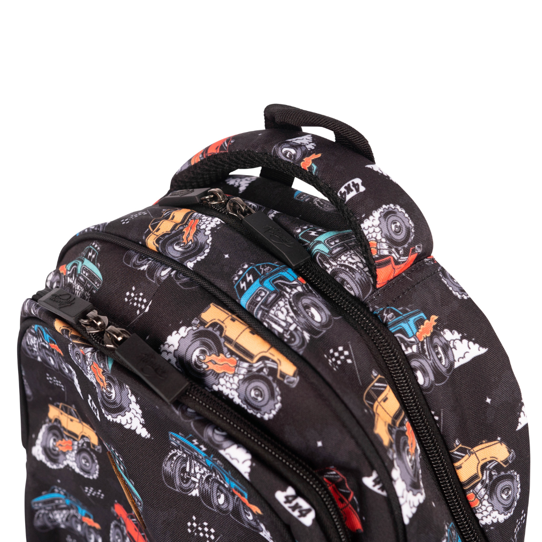 outside of alimasy monster truck kids backpack with zipped pockets and handle