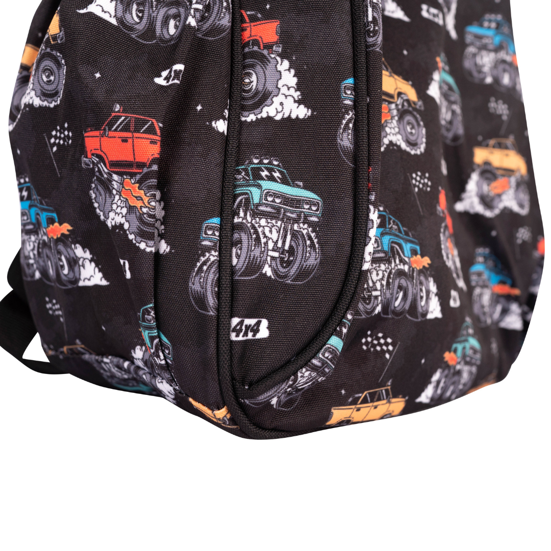 alimasy monster truck kids backpack with black background