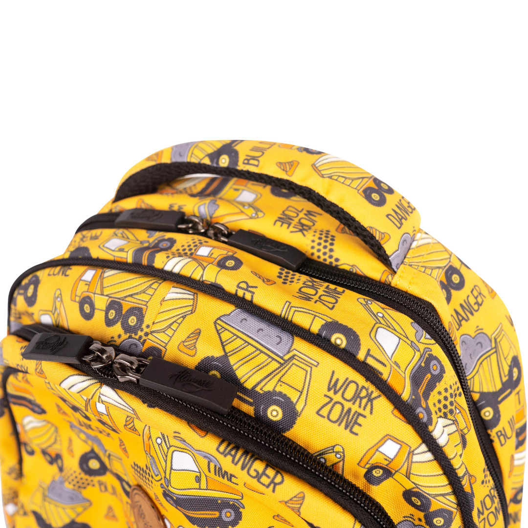alimasy yellow kids backpack with construction pattern showing zipped pockets and handle