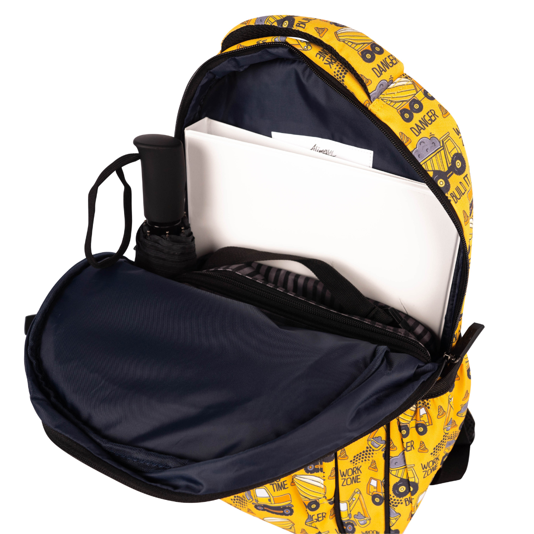 alimasy yellow kids backpack open view with folder, lunchbox and umbrella