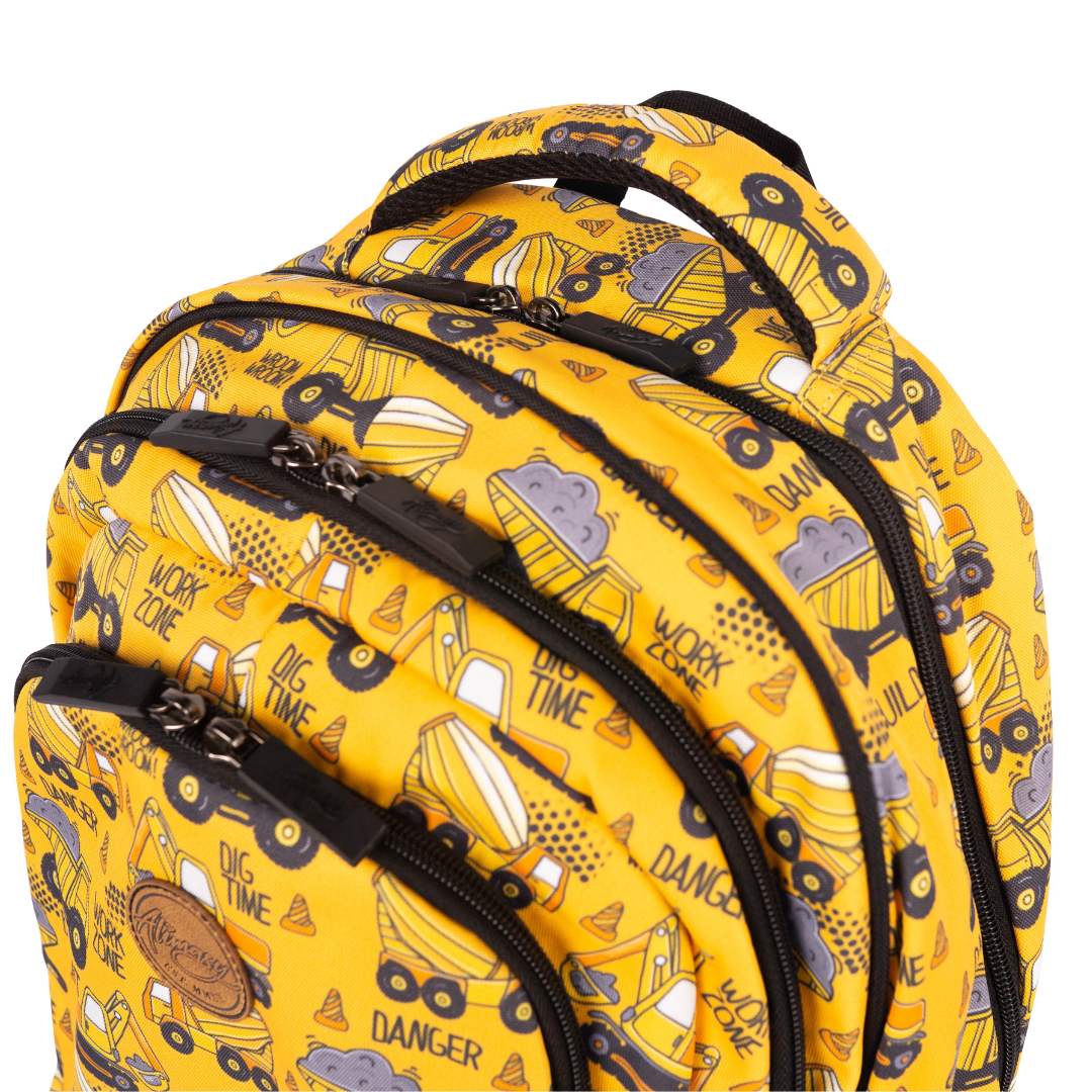 outside view of alimasy yellow backpack with construction digger and truck pattern