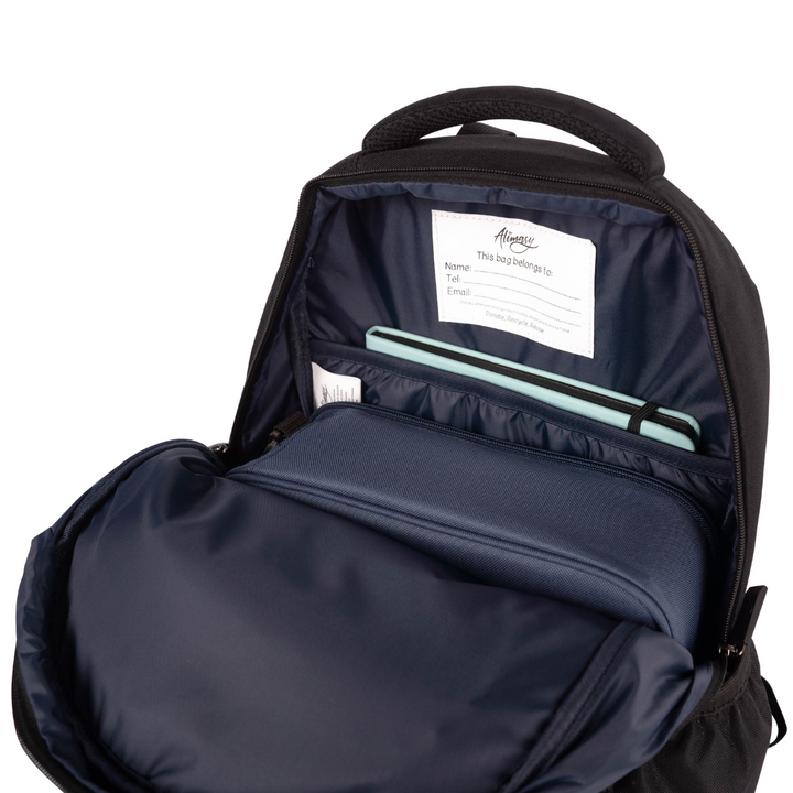 open view of alimasy black large high school backpack with lunchbox and textbook