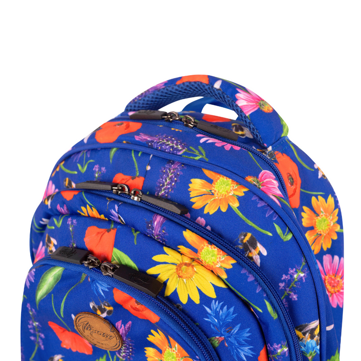 top photo of alimasy blue backpack with bees and flowers pattern