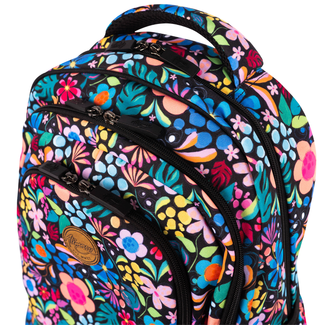 outside of alimasy black floral kids school bag with 3 black zipped pockets and padded handle
