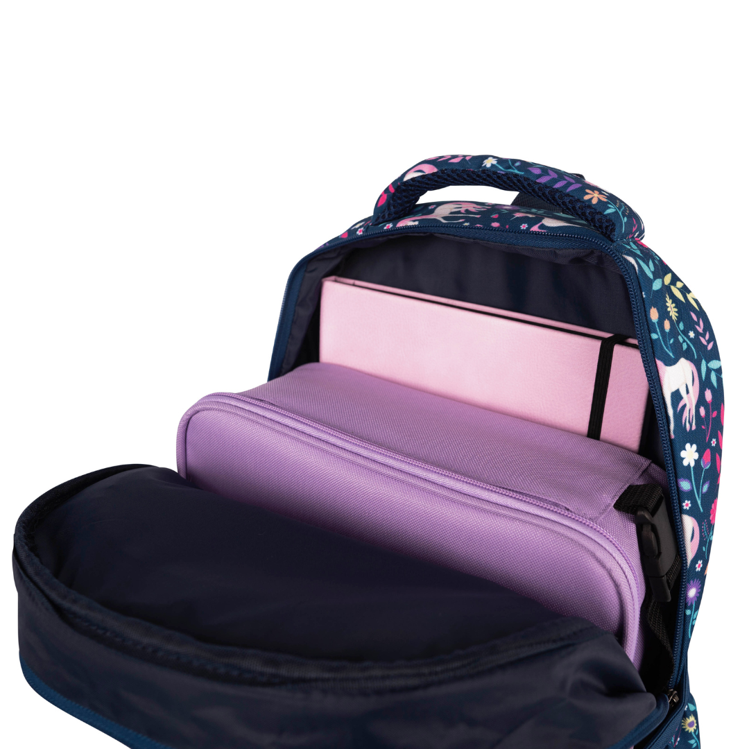 inside of alimasy kids backpack with unicorn print and purple lunchbox and pink notebook inside