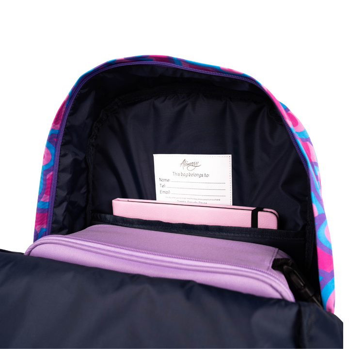 inside of alimasy pink heart pattern backpack with black lining fabric and purple lunchbox