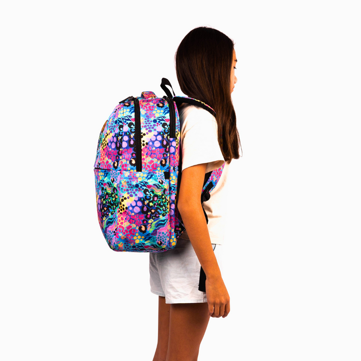 side view of girl wearing alimasy leopard print laptop backpack for australian women