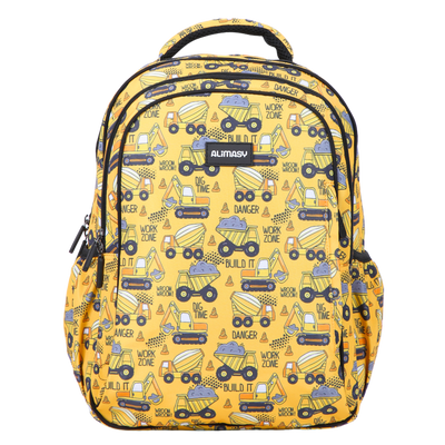 A midsize kids backpack with a bright yellow construction print, featuring trucks and building blocks. It has multiple compartments and a dark blue Alimasy lining.